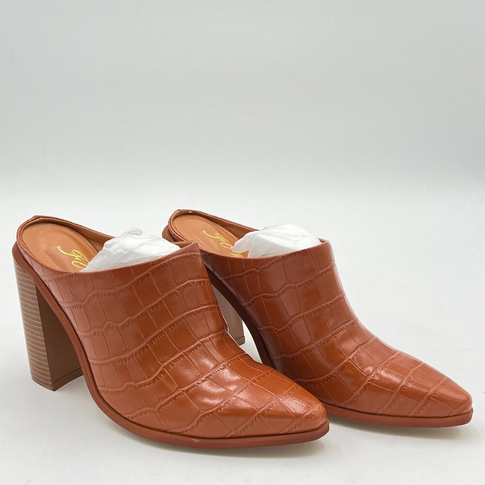 FOWT Crocodile Embossed Mules Chunky Stacked Heel Slippers Pointed Toe Backless